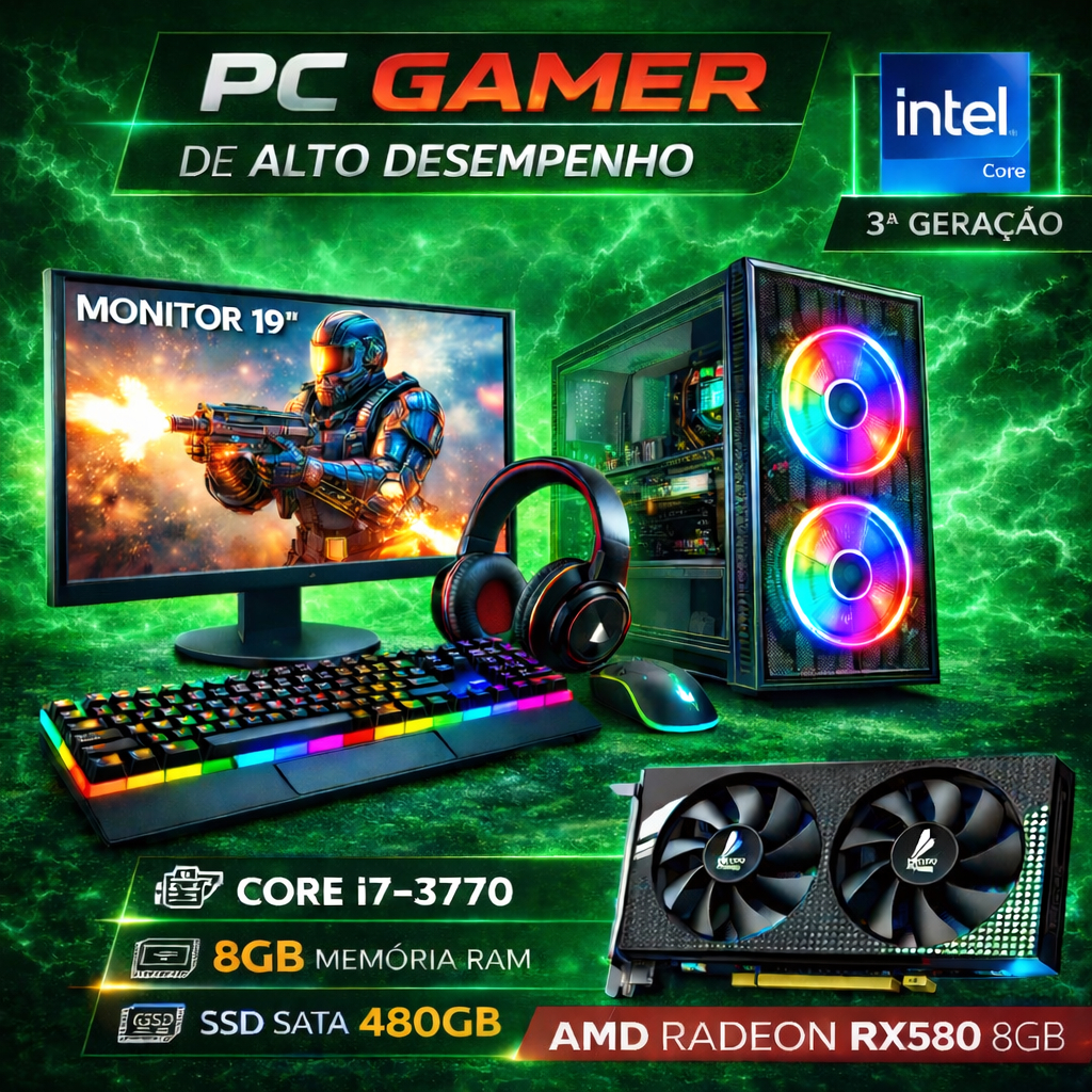 Computador Gamer Completo Intel Core i7 - SSD 480GB - 8GB de RAM - Placa de Vídeo RX580 8GB - Monitor 19"