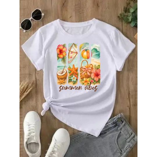 Camiseta Feminina Clássica Summer Vibes Tropical – Moda Praia Estilosa do P ao G | Tecido Premium Confortável