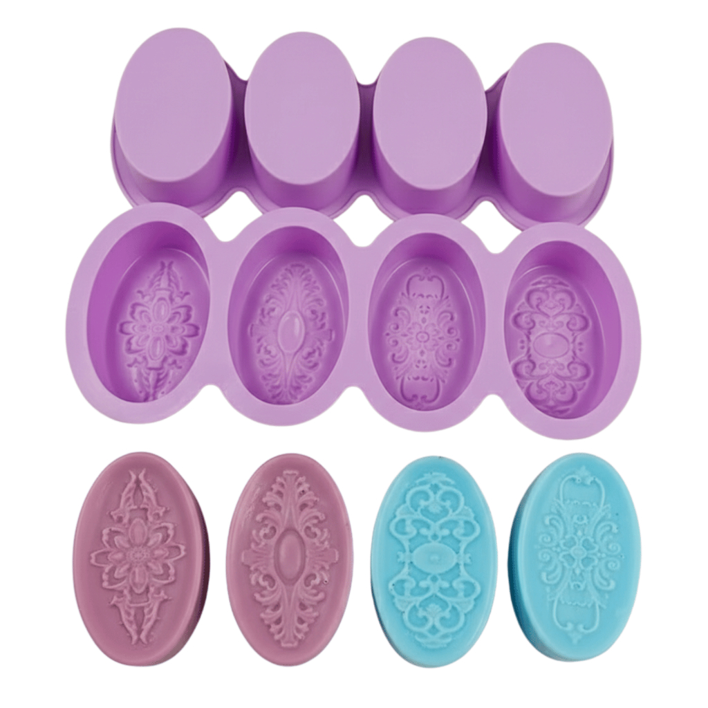 Molde De Silicone Sabonete Artesanal 90g Forma 4 Cavidades Oval Textura Alto Relevo Arabesco