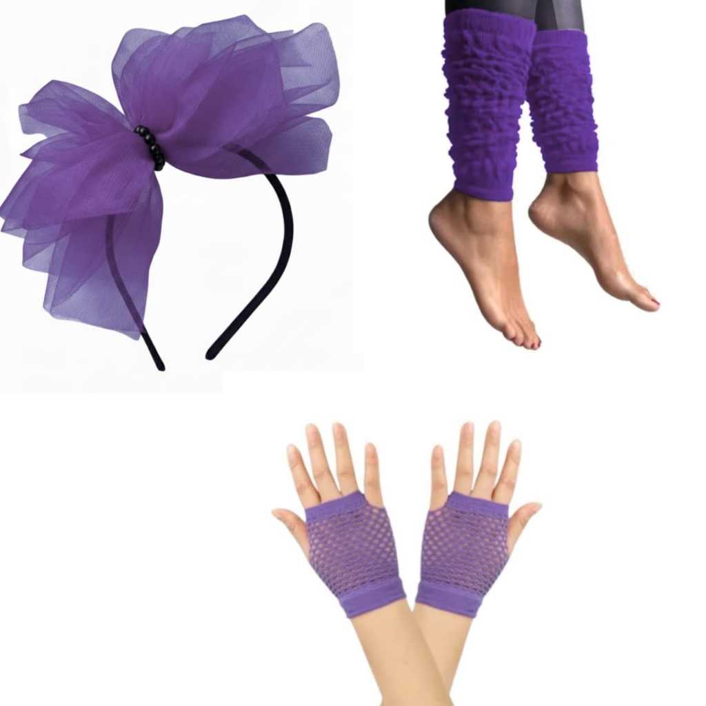 Kit Fantasia Anos 80 Festa Tematica Carnaval Halloween Tiara Tule + Luvas Arrastao + Polaina