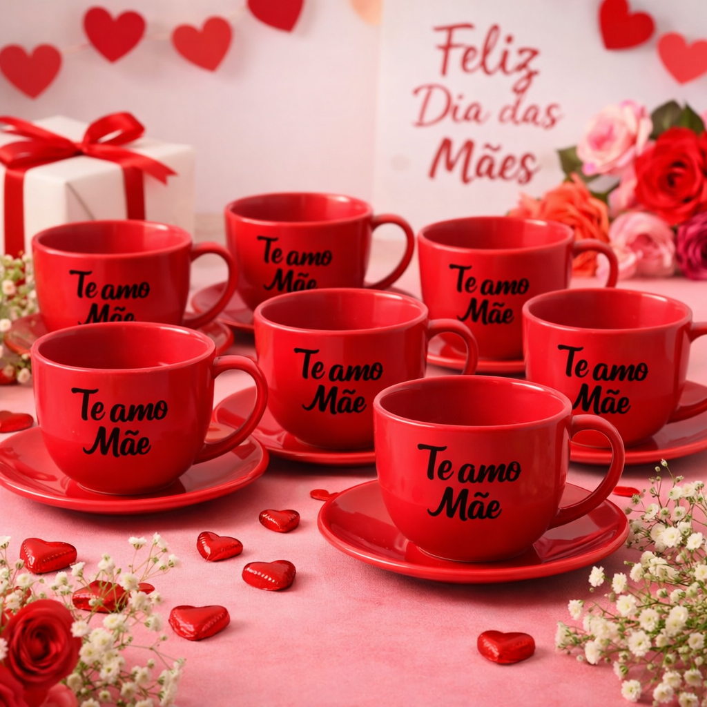Kit 12 Peças 6 Xícara + 6 Pires Vermelho 200ml peças em ACRÍLICO Te Amo Mãe Café Cha comemoração