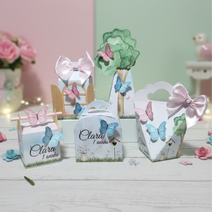 Kit Caixas Personalizadas Jardim Encantado - Borboletas  - Lembrancinha Festa / Aniversário