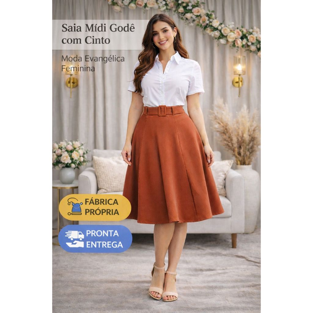 Saia Rodada com Cinto Moda Evangélica Feminina