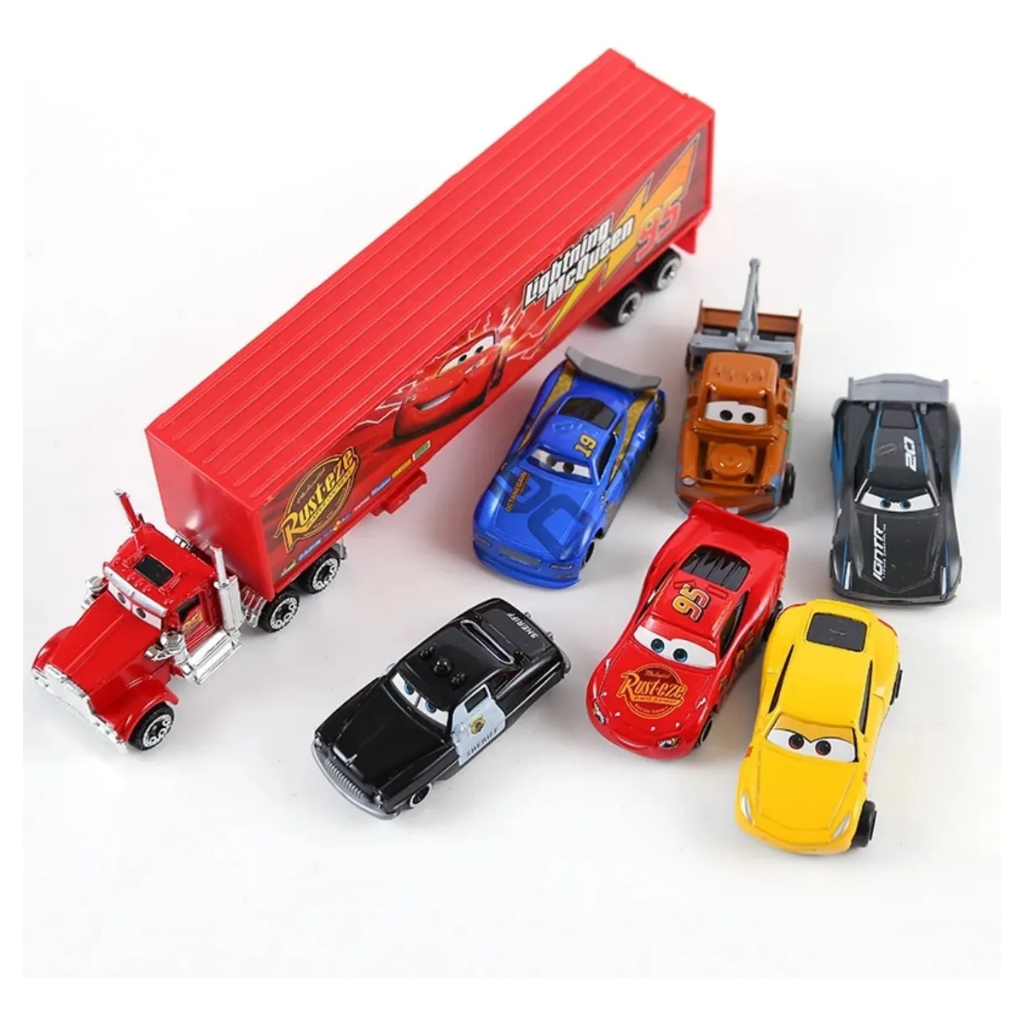 Kit 7 Carrinhos Cars Relâmpago McQueen, Doc Hudson e Mate Vermelho – Coleção Metal Disney Pixar