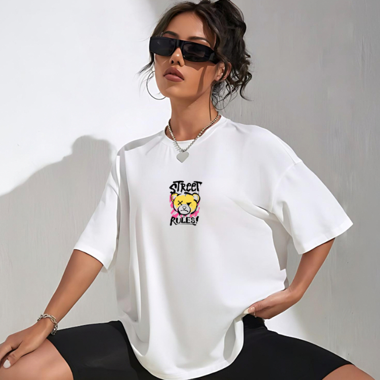 Camiseta Feminina Urso Street Ruller Manga Curta Branca Estampada 100% Poliester em Oferta na Shopee