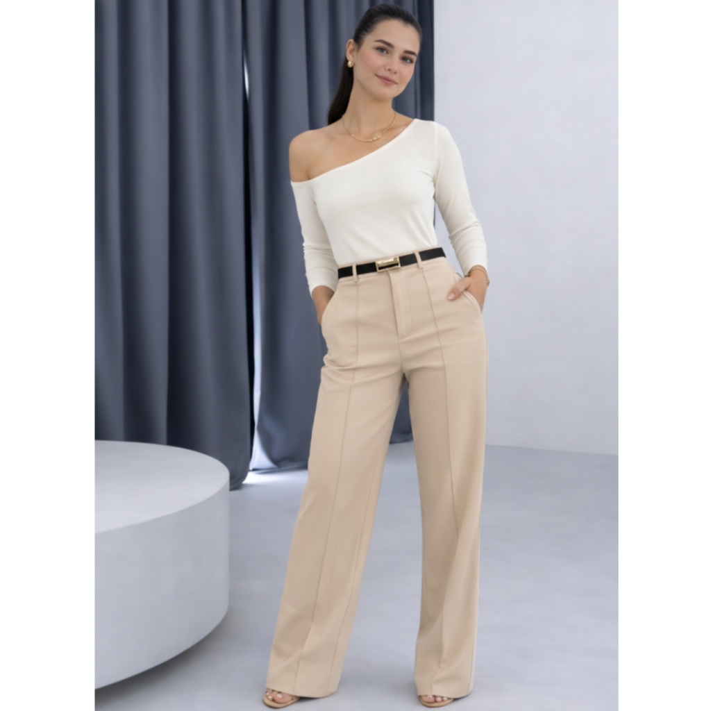 Calça Alfaiataria Pantalona Feminina Com Cinto Social Cintura Alta Com Bolso e Ziper PROMOÇÂO Luxo em Oferta na Shopee