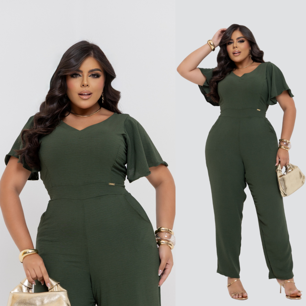 Macacão Longo Feminino Plus Size Duna Premium com Manga e Gola V Chique Festa Confortável