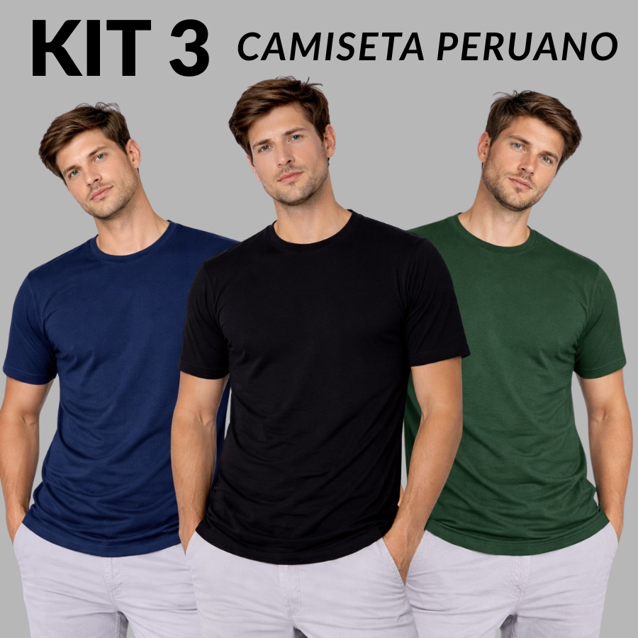 Kit 3 Camiseta Masculina Algodão Peruano Com Elastano Lisa