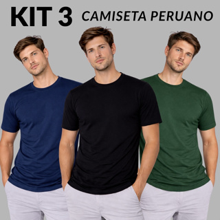 Kit 3 Camiseta Masculina Algodão Peruano Com Elastano Lisa em Oferta na Shopee