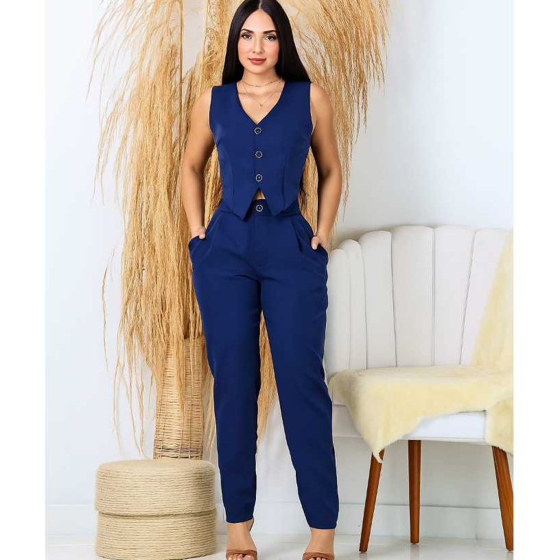 Conjunto Alfaiataria Feminino Calça Cintura Alta Com Bolso Colete Com Botões Encapados Elegantes Sofisticado Confortavel