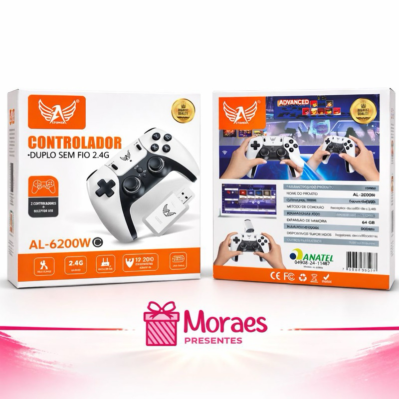 Controle Duplo Sem Fio 2.4G AL-6200W, 2 controles + receptor USB, compatível com PC e Android.