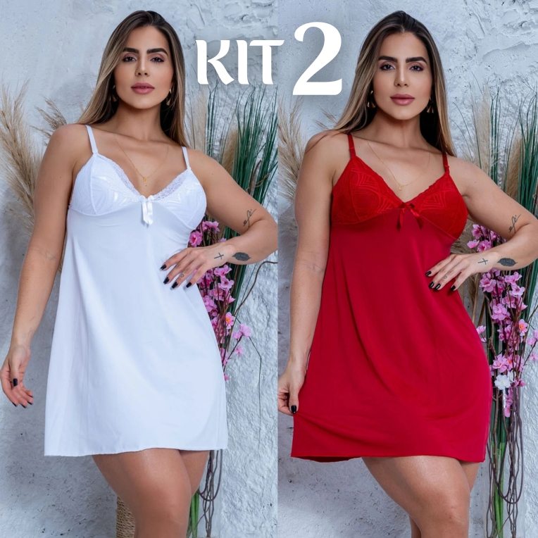 Kit 2 Camisola Sexy Renda Sem Bojo Pijama Curto Roupa de Dormir Sensual Lingerie Feminina