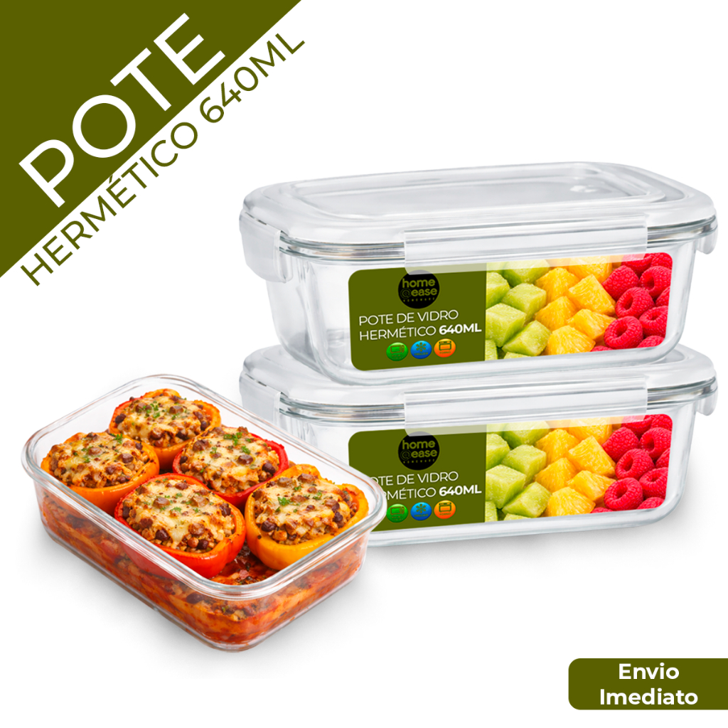 Conjunto Potes 640ml Vidro Hermético Mantimentos Marmita Fitness