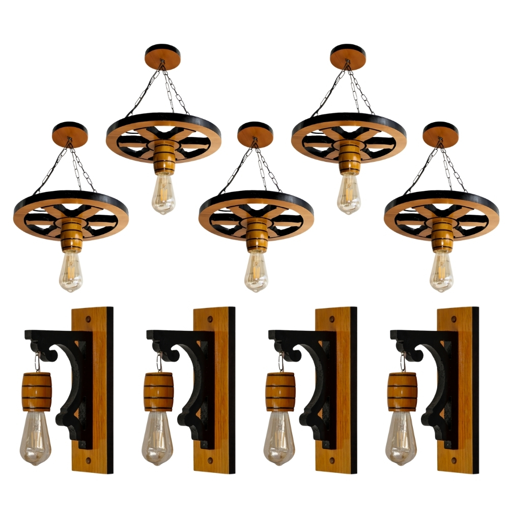 Kit 9 Luminárias Pendente Roda de Carroça e Luminárias Arandela Clássica Para Decoração - Cerejeira