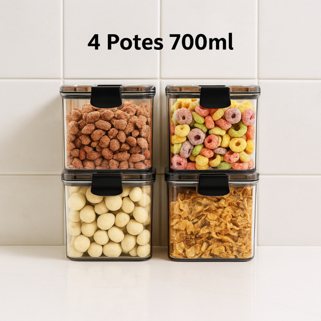 Kit 4 Pote Hermetico Acrilico Trava Quadrado Transparente Empilhavél Organizador de Alimento Mantimento Cozinha Dispensa