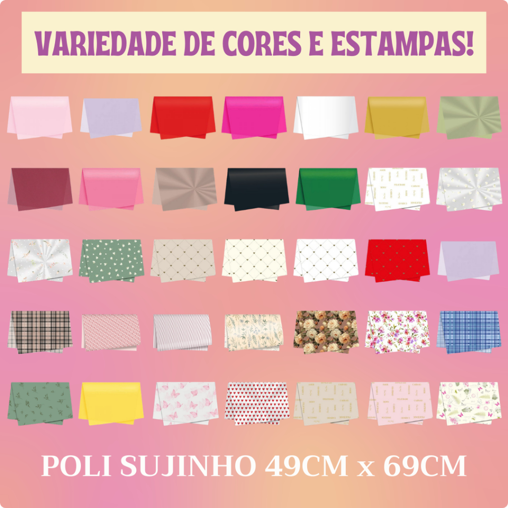 Papel Celofane Sujinho Poli - 50 FOLHAS - 49X69cm - Embalagens de BUQUE, flores e presentes
