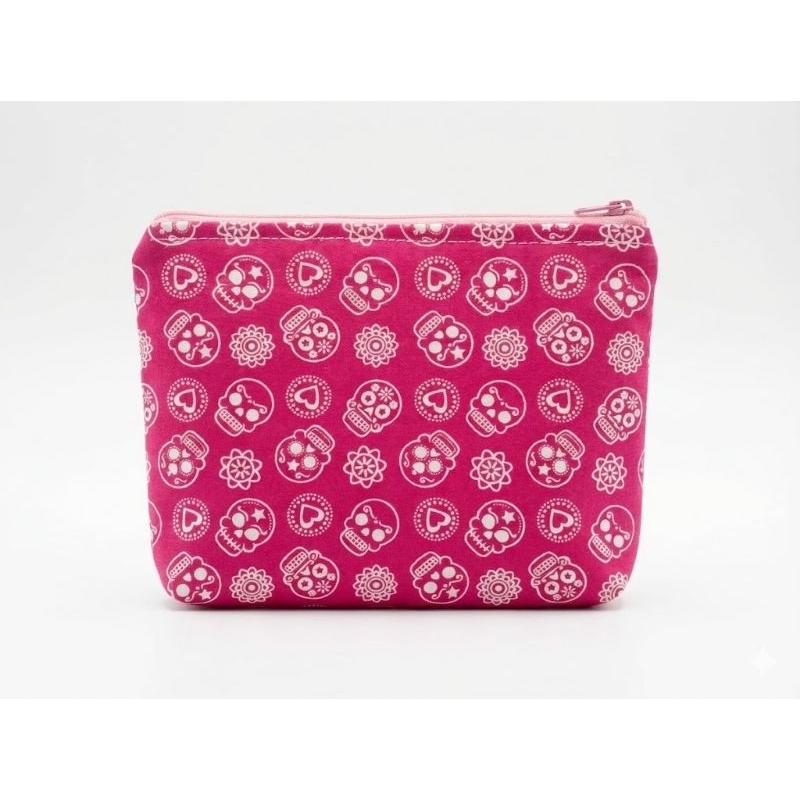nécessaire feminina estampada caveira mexicana rosa, ideal para viagem, maquiagem, acessórios, estojo, carteira