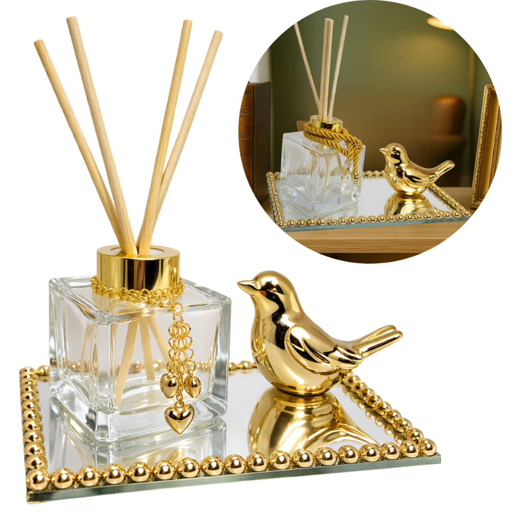 Kit Luxo Difusor Aromatizador de Ambiente Cubo  London 100ml com Corrente ou Cordão com Passaro  e  Bandeja decorativa