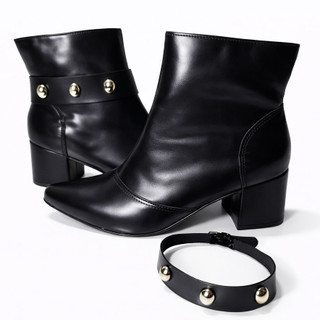 Bota Feminina Cano Baixo Bico Fino Salto Grosso com Enfeite Metal Removível Elegante Confortável