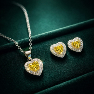 Conjunto Gargantilha e Brincos com Pedras Amarela em Prata 925 Joia Delicada e Sofisticada em Oferta na Shopee