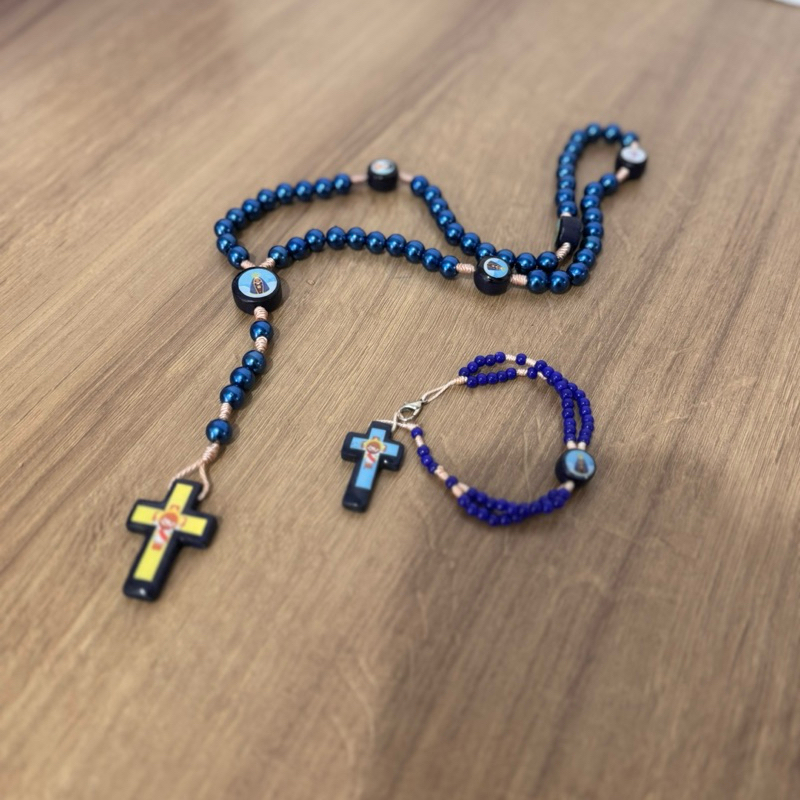 Kit Terço Azul Menino Terço Pulseira Pulso e Terço 5 Medalhas