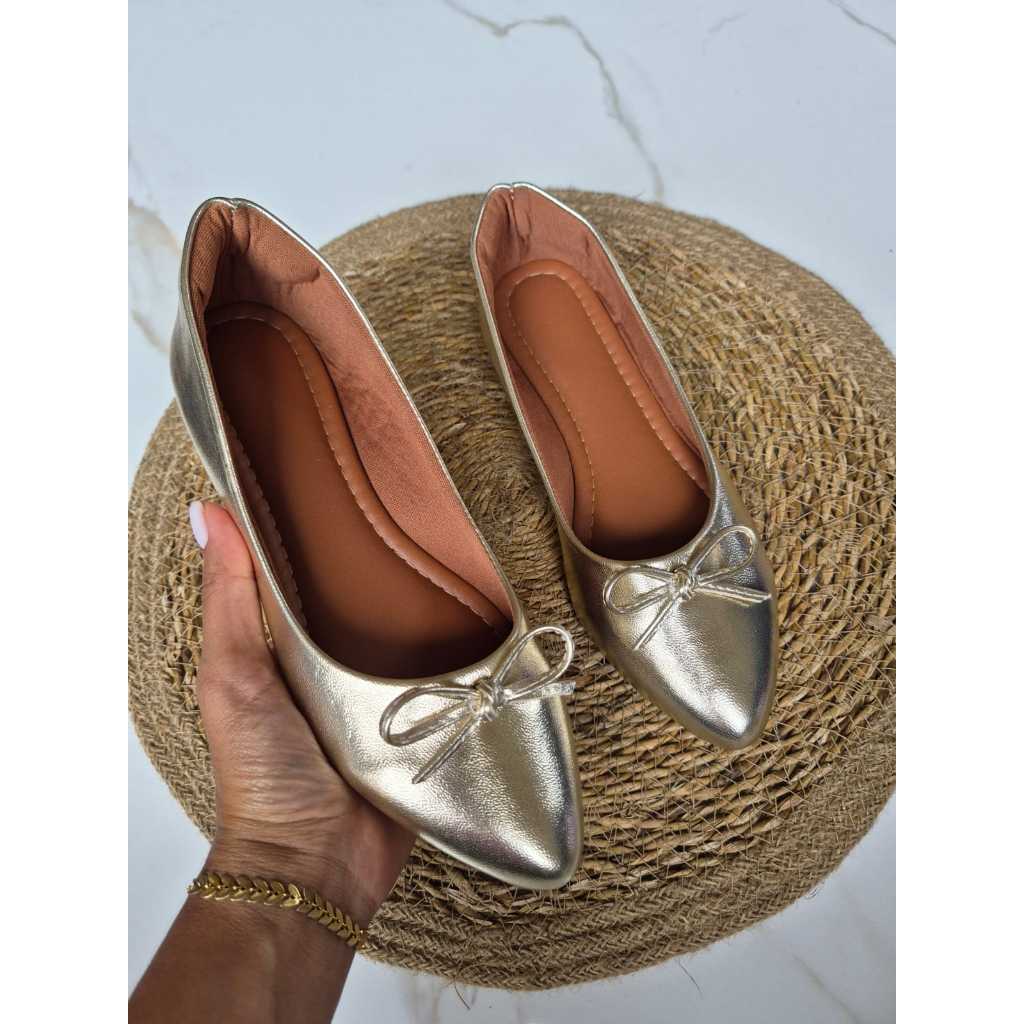 Sapatilha Mocassim Bico Fino Confortável Ouro Light Dourado do 33 ao 44