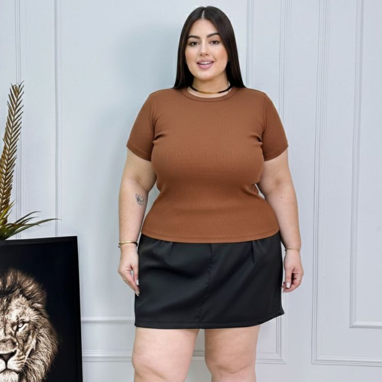 T-shirt Camiseta Feminina Canelada Blusinha Fashion Gola Redonda Estilosa Plus Size G1 e G2 e G3