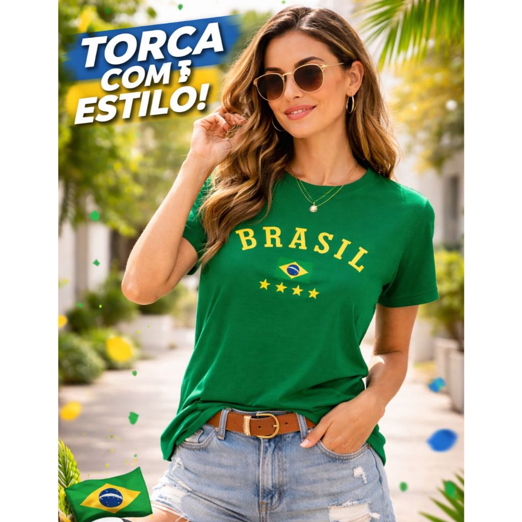 Camiseta Brasil Feminina Verde Torcida Estilosa Copa 2026 Algodão Premium Confortável em Oferta na Shopee
