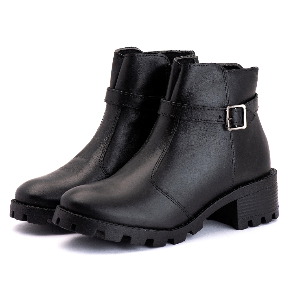 Botina Bota Feminina Coturno Cano Baixo em Couro Legítimo Fivela Tratorada Moda Country Blogueira
