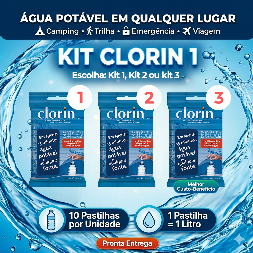 Clorin 1 | Kit Pastilhas para Purificar Água | 1L por Pastilha | Uso Portátil