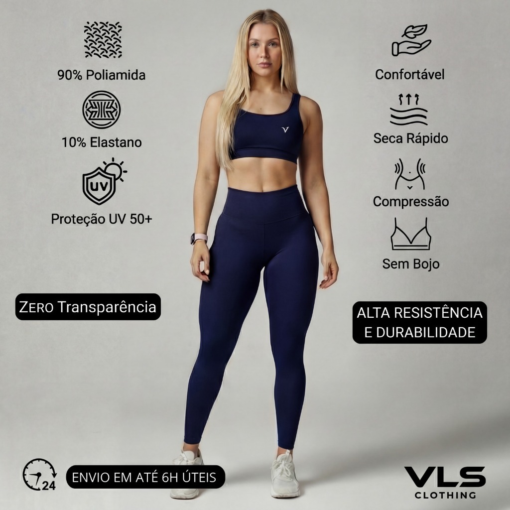 Conjunto Fitness Feminino Original VLS Top + Calça Legging Cintura Alta Suplex Academia & Treino