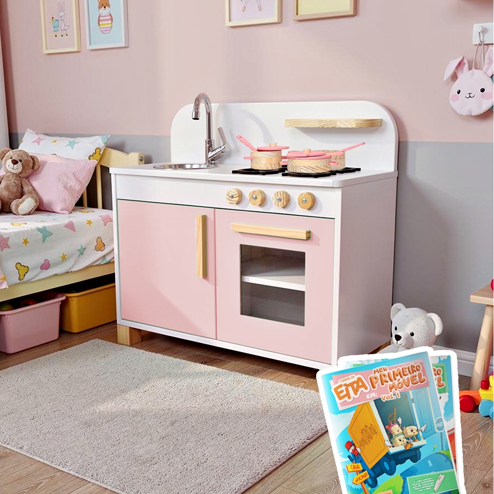 Cozinha Infantil Madeira Compacta Rosa Bebê Kit Livro Educativo