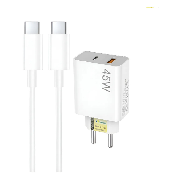 Carregador Celular Turbo 45w Duplo Usb-a + Usb-c Com Cabo Tipo C Turbo Power Nota Fiscal selo Anatel