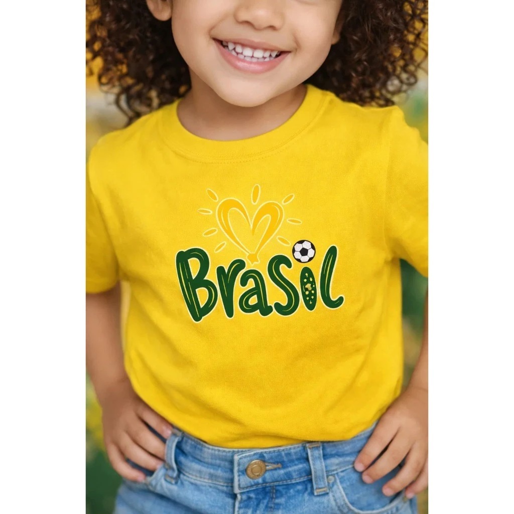 Camisa Infantil e Juvenil Amarelo do Brasil Futebol 2026 Estilo Torcedor Copa Meninas em Algodão