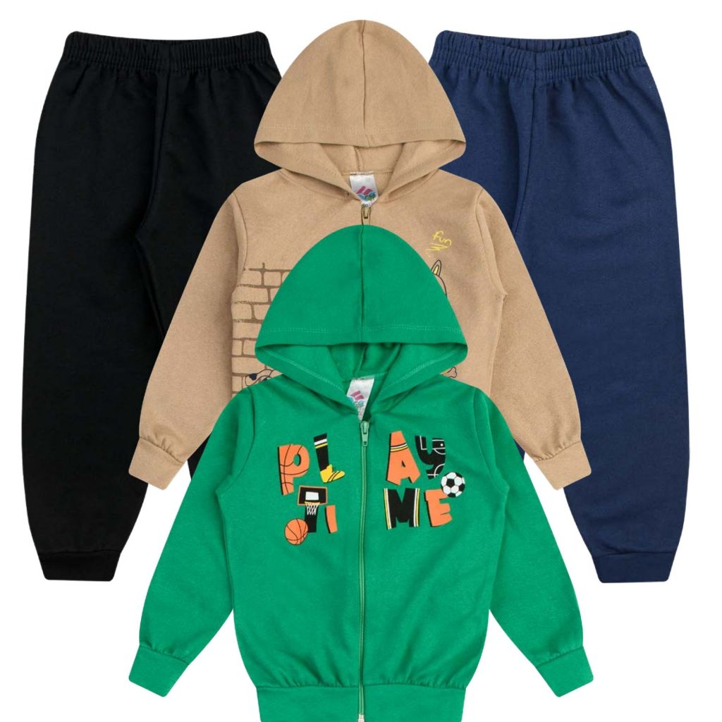Kit 2 Conjuntos Moletom Menino c/ Zíper | Inverno | Tamanho 1 ao 8- Sortidos
