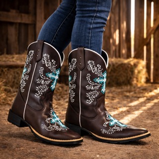 Bota Texana Country Feminina Cruz Espelhada Azul Bico Quadrado em Oferta na Shopee
