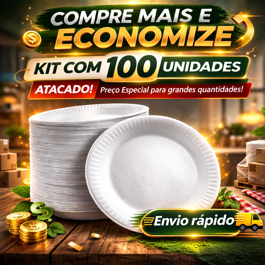 Kit 100 Pratos Descartáveis de Isopor Reciclável Leve Empilhável 23cm Resistente em Oferta na Shopee