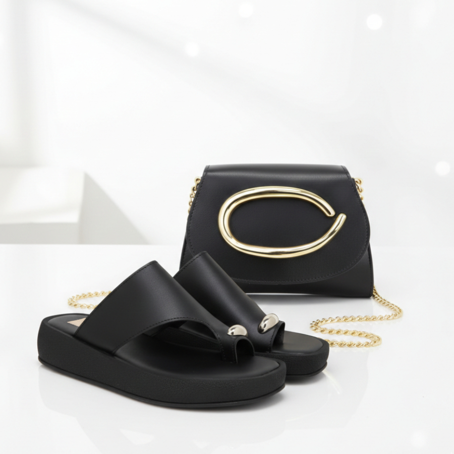Kit Sandália Feminina Flatform + Bolsa Clutch Elegante Metal Ouro Light