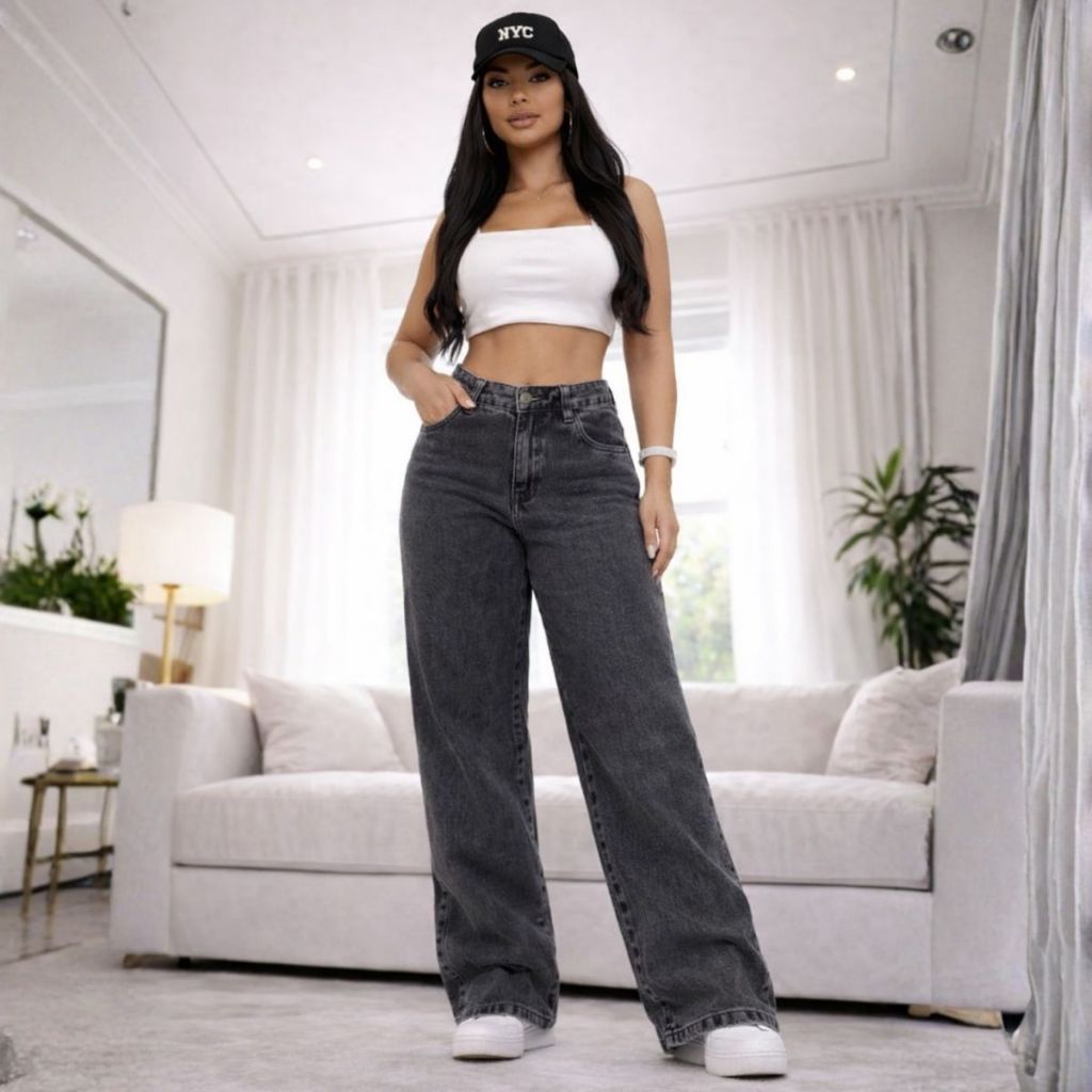 Calça Jeans Feminina Wide Leg cintura alta pantalona cinza grafite 100% Marmorizada Tecido Grosso