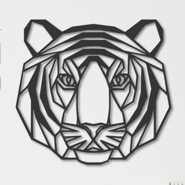 Placa Quadro Decorativo Tigre Geométrico face Madeira MDF Com Fita Dupla Face Adesiva Preto Fosco