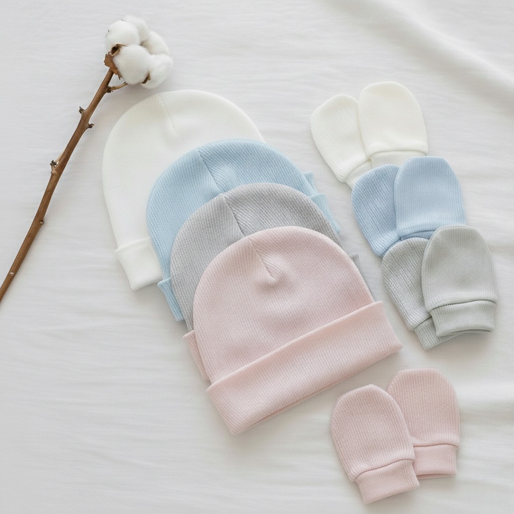 Kit 6 Peças Toucas + Luvas Bebê Tecido Premium 100% Algodão Malha Canelada | 3 Touca e 3 Pares De Luva Infantil RN em Oferta na Shopee