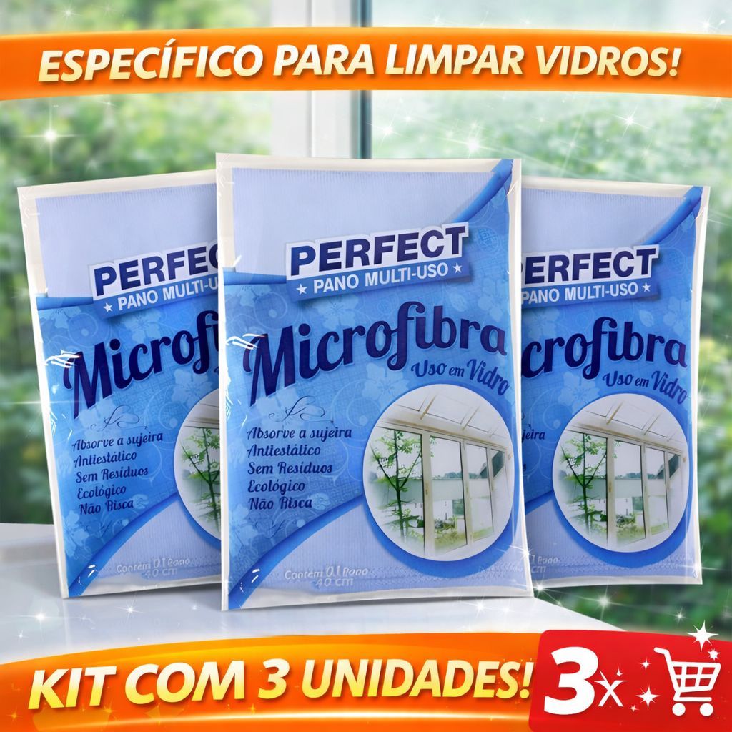 Kit c/3 Panos Limpa Vidro Tela Multiuso Microfibra 40x40cm Perfect Pro