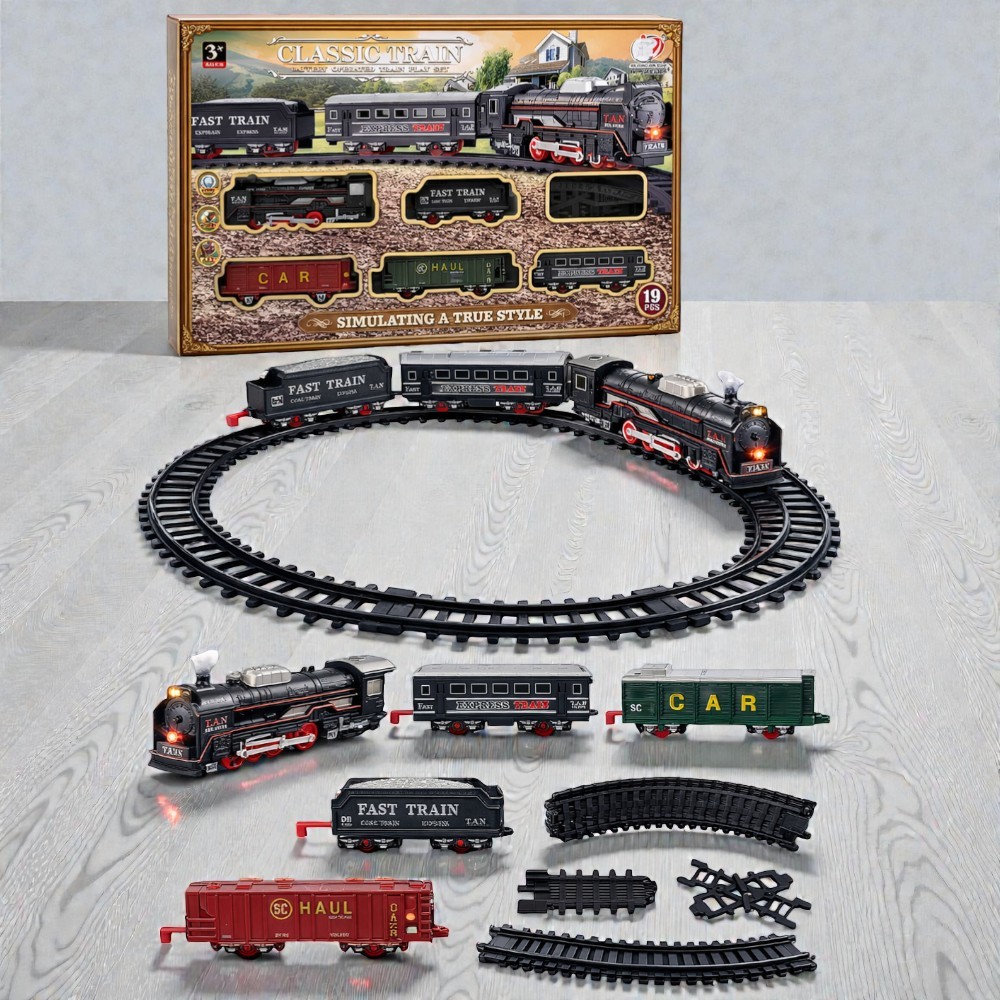 Trem Miniatura Realista Locomotiva Ferrorama Acende Luz Trilhos 5 Vagões Trenzinho Brinquedo Divertindo Infantil à Pilha
