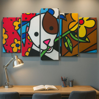 Quadro Decorativo Estilo Romero Britto Cachorro Flor Mosaico 5 Peças MDF
