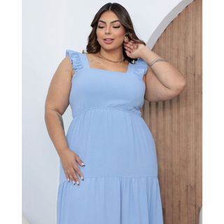 Vestido longo plus size, com alça, babado três marias, latex nas costas, moda femenina, elegância, versátil, tecido duna