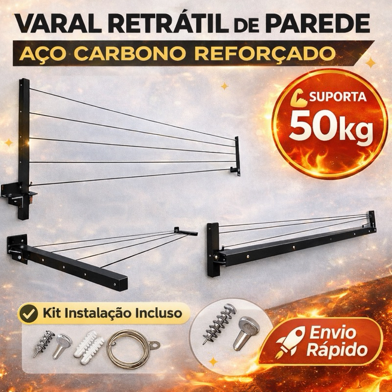 Varal Retrátil de Parede Reforçado até 50kg de Roupa Dobrável Compacto Lavanderia Sacada Apartamento