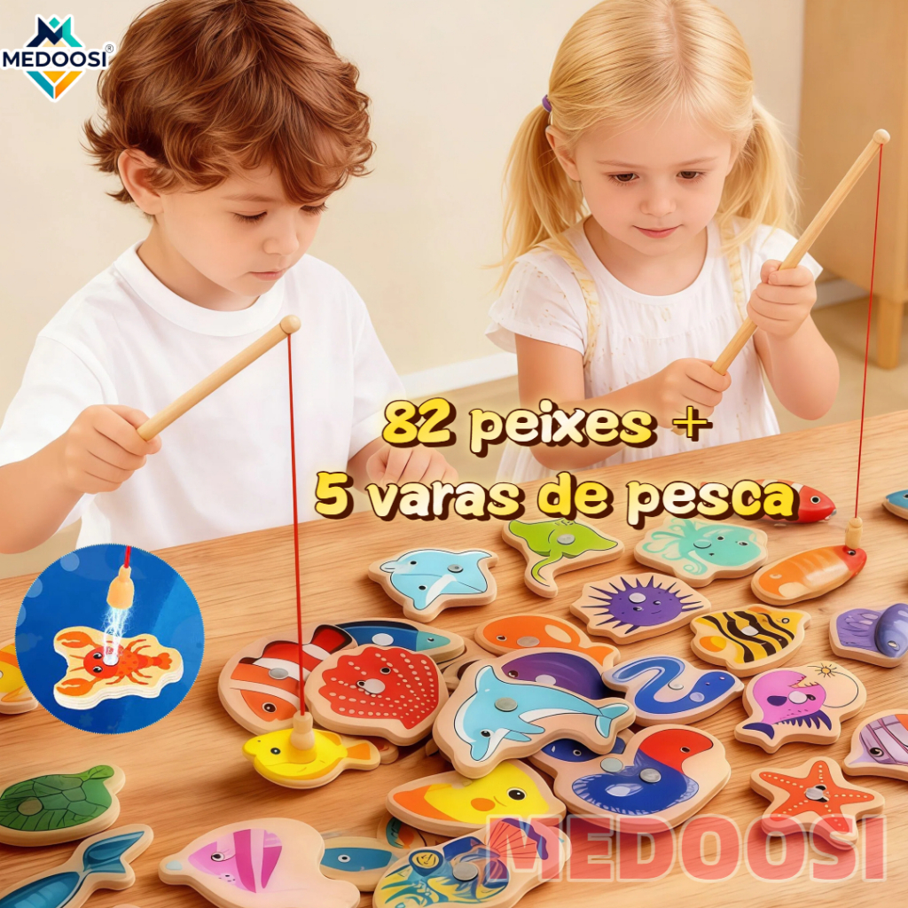 MEDOOSI 82/54  Peças Jogos infantil de Pescaria Magnético / Brinquedos Montessori Educacional de Madeira para Crianças