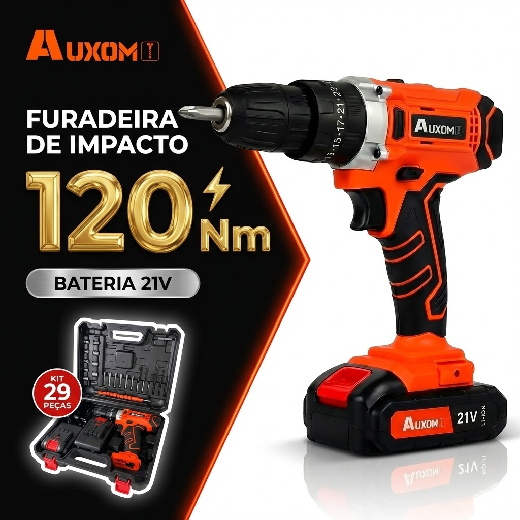 AUXOM Furadeira Parafusadeira de Impacto 21V Profissional 120Nm Kit 29 Peças + Maleta Bivolt em Oferta na Shopee