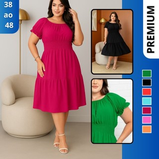 Vestido Midi Evangélico Plus Size com Lastex na Cintura e Babado - Tecido Duna