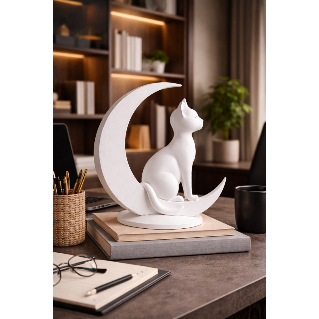 Escultura Gato na Lua Branca Decorativa – Enfeite Moderno para Sala, Quarto ou Escritório